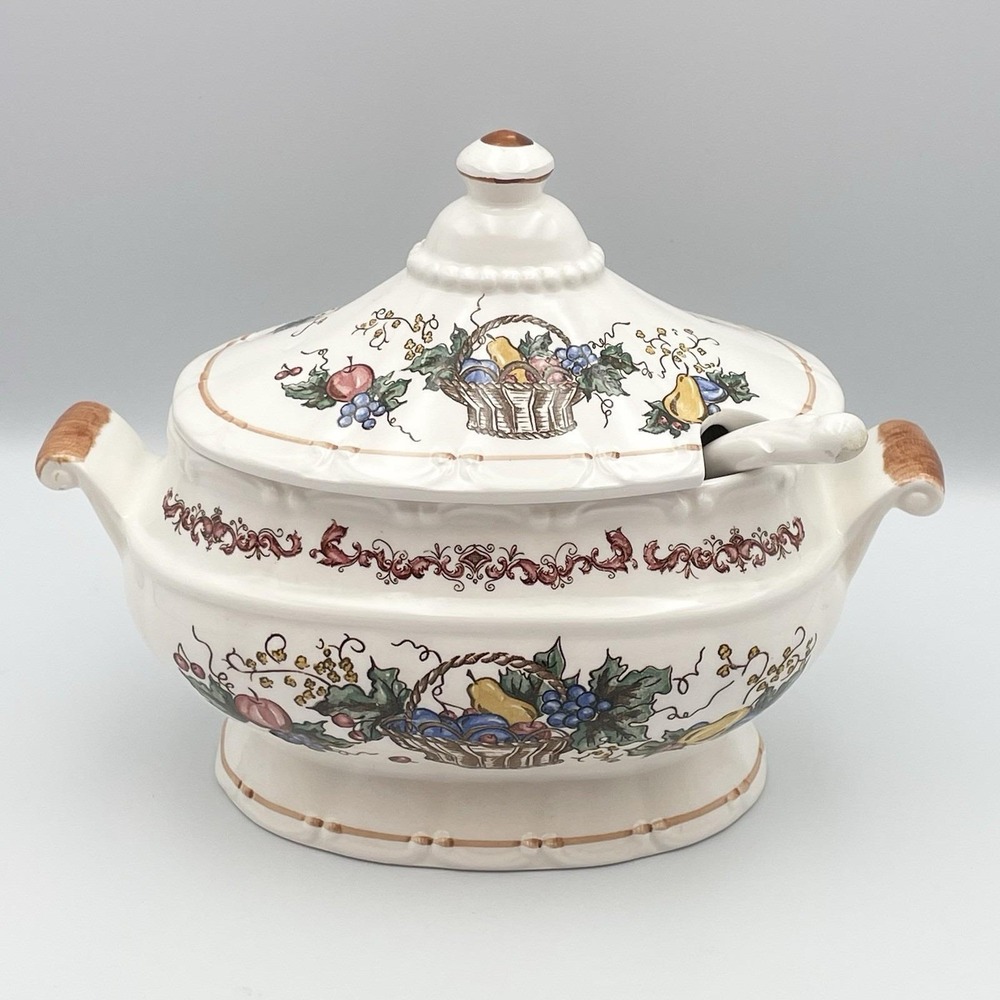Vintage 1980s Japan Fruit Basket Covered Soup Tureen with Ladle Harvest Ceramic